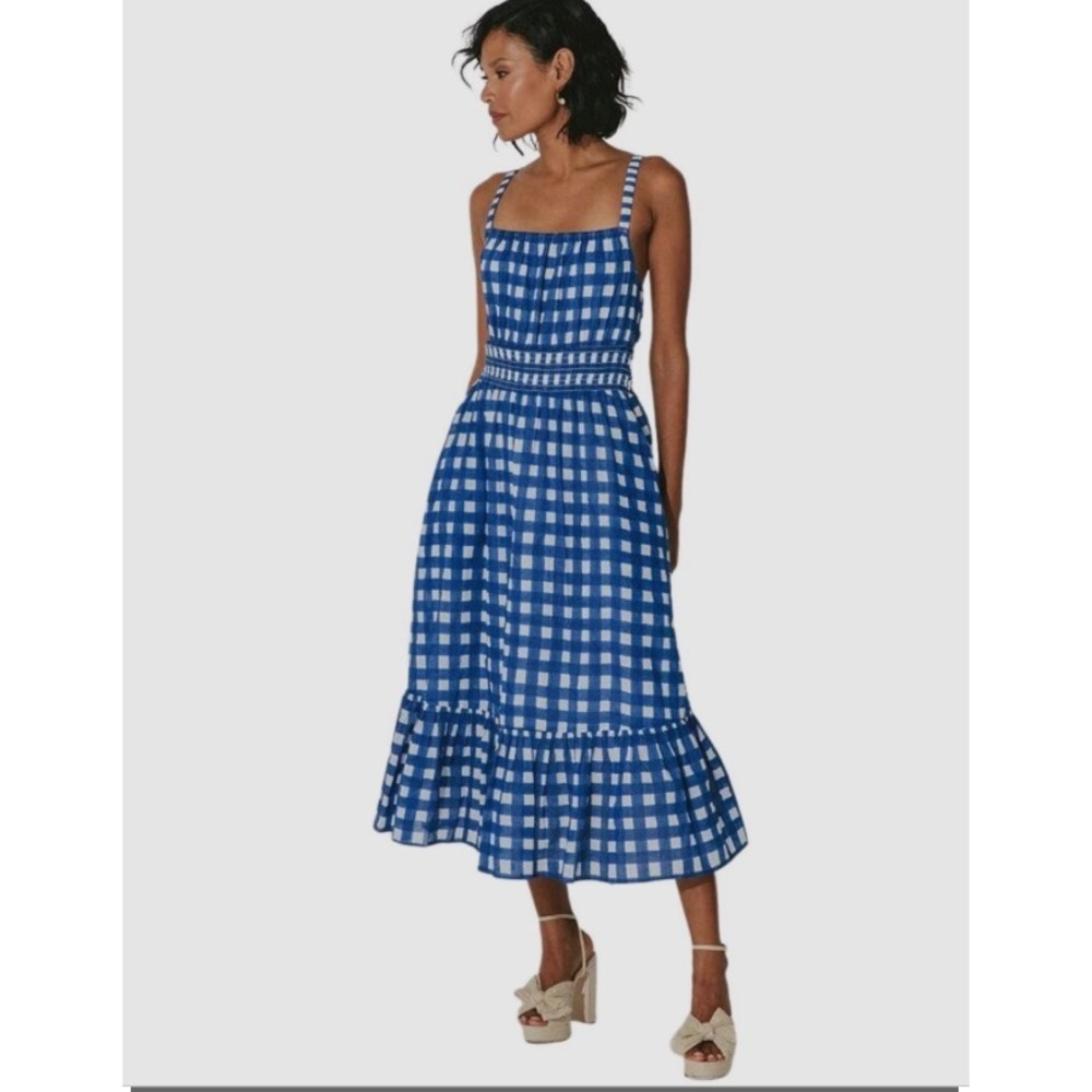 Cleobella Patrice Midi Dress Painterly Gingham Blue White Organic Cotton Preppy